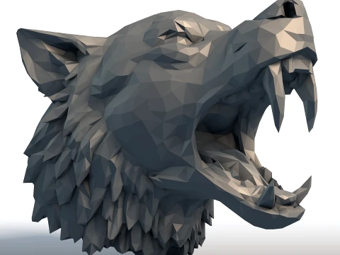 Low Poly Angry Wolf Head - Geometric Wolf Sculpture - Predator Animal Model 3D Print Model