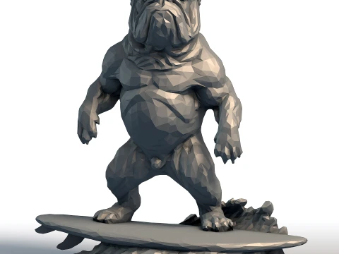 Low Poly Bulldog Surfer Sculpture - Chien de surf géométrique - Décor sur le thème de la plage Modèles 3D en vedette