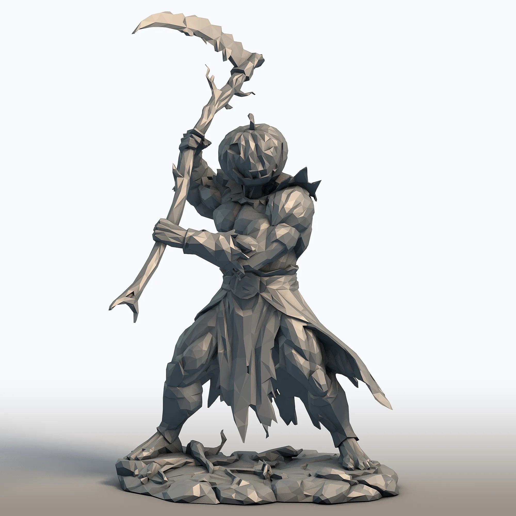 Pumpkin Head Reaper - Muscular Scythe Warrior Low Poly - Halloween Fantasy Figurine 3D Print Model .c4d .max .obj .3ds .fbx .stl .blend 