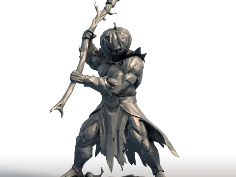 Segador de cabeza de calabaza - Guerrero guadaña muscular Low Poly - Figura de fantasía de Halloween Modelo de impresión 3D