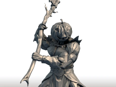 Pumpkin Head Reaper - Muscular Scythe Warrior Low Poly - Halloween Fantasy Figurine 3D Print Model