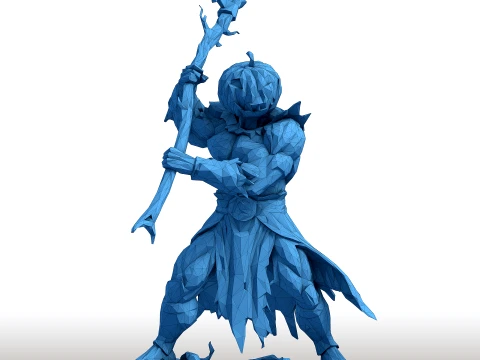 Pumpkin Head Reaper - Muscular Scythe Warrior Low Poly - Halloween Fantasy Figurine 3D Print Model