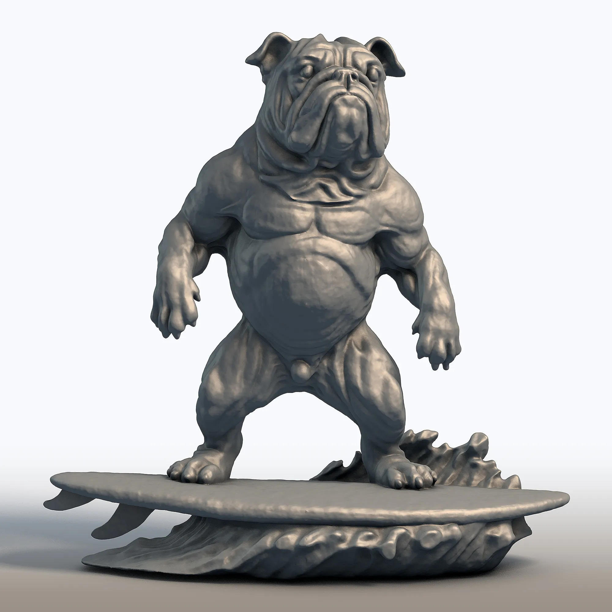 Wooden Bulldog Surfer Sculpture - Beach Dog Decor - Surfing Mascot Statue 3D Print Model .c4d .max .obj .3ds .fbx .stl .blend 