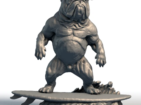 Sculpture de surfeur bouledogue en bois - Décor de chien de plage - Statue de mascotte de surf Modèles 3D en vedette