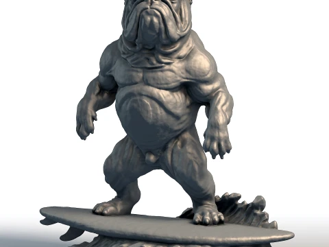 Wooden Bulldog Surfer Sculpture - Beach Dog Decor - Surfing Mascot Statue 3D Print Model