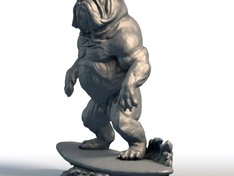 Wooden Bulldog Surfer Sculpture - Beach Dog Decor - Surfing Mascot Statue 3D Print Model
