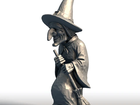 Elderly Witch with Broom Sculpture Wise Witch Statue Mystical Crone with Broomstick 3D Print Model