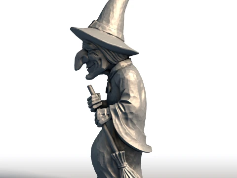 Elderly Witch with Broom Sculpture Wise Witch Statue Mystical Crone with Broomstick 3D Print Model