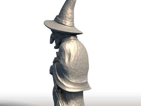 Elderly Witch with Broom Sculpture Wise Witch Statue Mystical Crone with Broomstick 3D Print Model