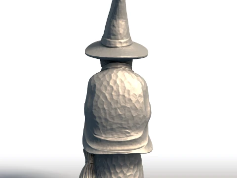 Elderly Witch with Broom Sculpture Wise Witch Statue Mystical Crone with Broomstick 3D Print Model