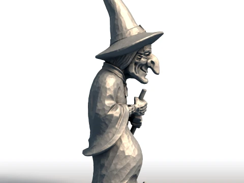 Elderly Witch with Broom Sculpture Wise Witch Statue Mystical Crone with Broomstick 3D Print Model
