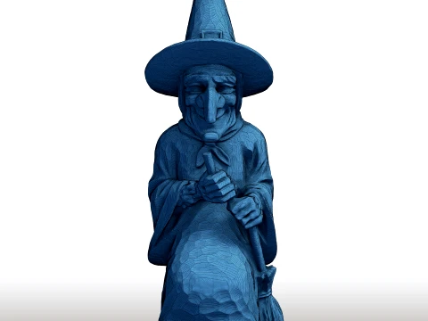 Elderly Witch with Broom Sculpture Wise Witch Statue Mystical Crone with Broomstick 3D Print Model