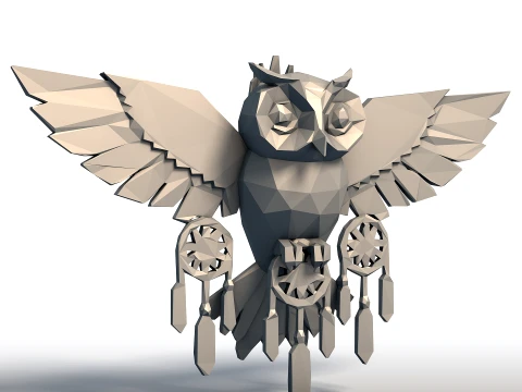 Low Poly Owl Dreamcatcher Escultura Esp&iacute;rito Nativo Americano Geom&eacute;trico Guardi&atilde;o Sagrado Modelo de Impressão 3D