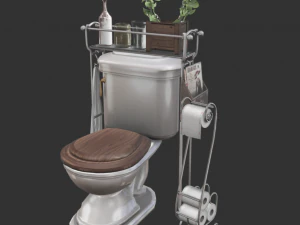 toilet wc met houten tabletdecoratie en toiletrolhouder 3D Model