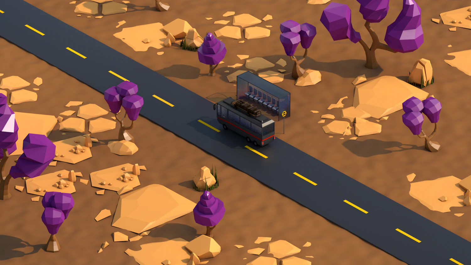 low poly desert scene plus bus 3D Model .c4d .max .obj .3ds .fbx .stl .blend 
