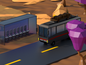 low poly desert scene plus bus Model 3D