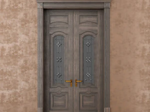 सना हुआ ग्लास खिड़की के साथ क्लासिक लकड़ी का दरवाजा 3D मॉडल