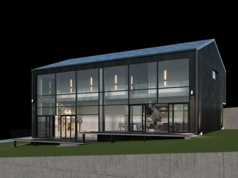 Modern barn house with furniture 3D Model