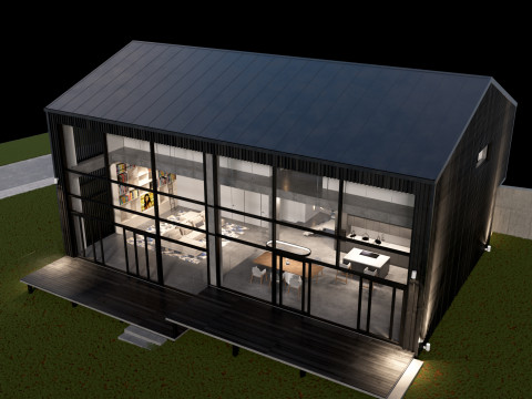 Modern barn house with furniture 3D 模型