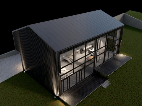 Modern barn house with furniture 3D 模型