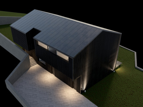 Modern barn house with furniture 3D 模型