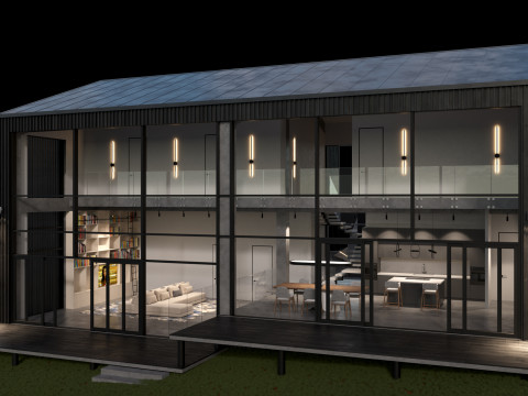 Modern barn house with furniture 3D 模型
