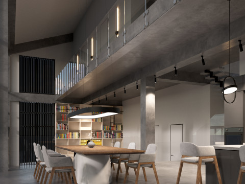 Modern barn house with furniture 3D 模型