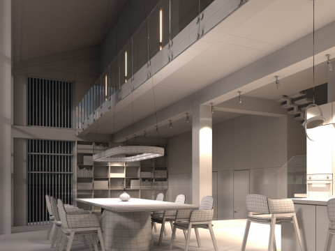 Modern barn house with furniture 3D 模型