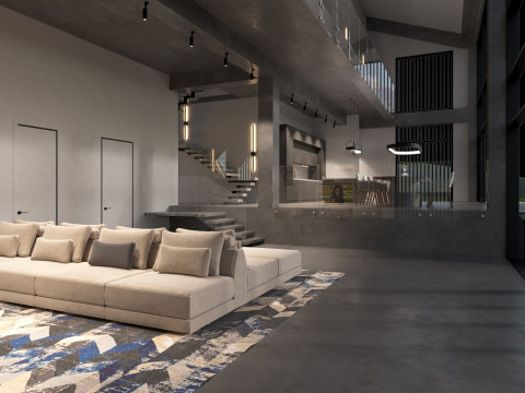 Modern barn house with furniture 3D 模型