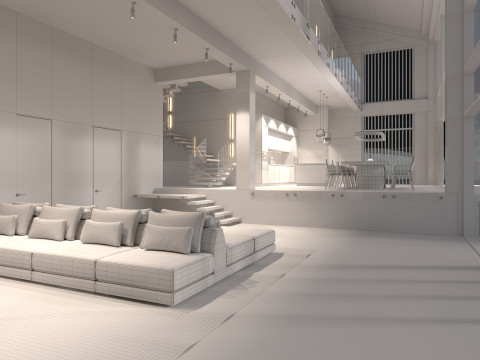 Modern barn house with furniture 3D 模型