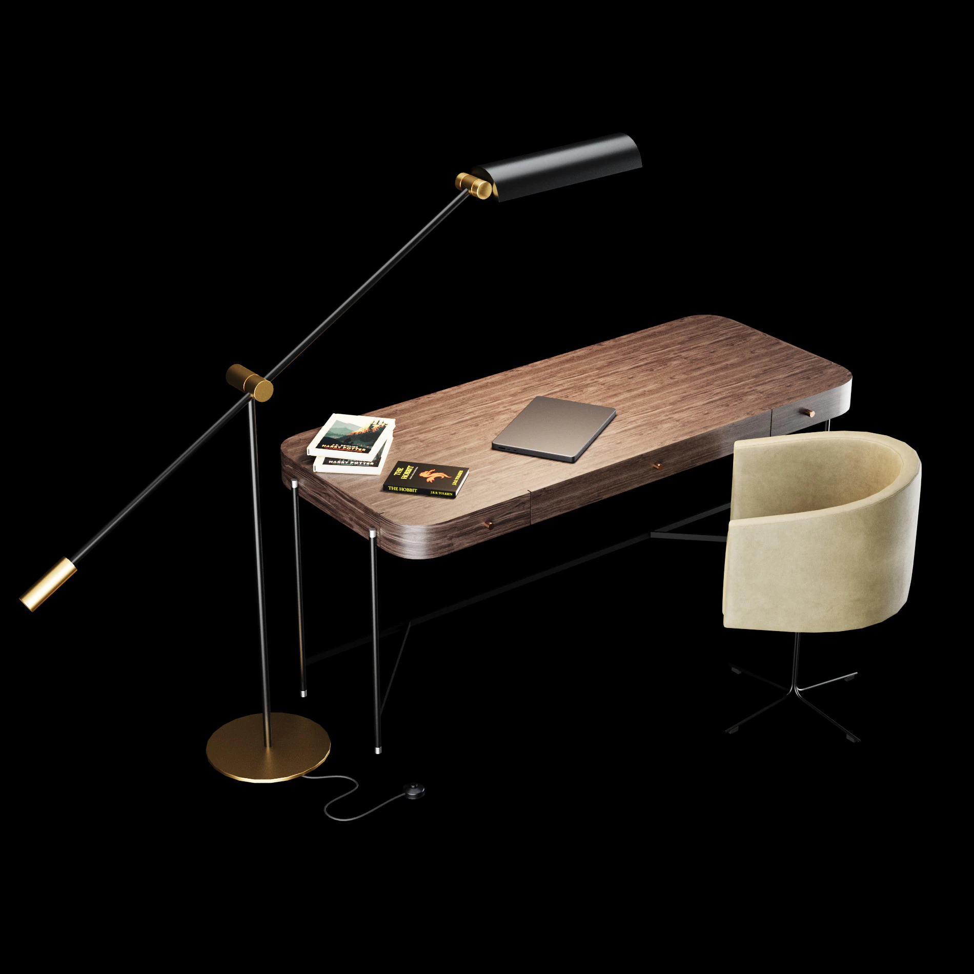 Modern work table with lamp and decor 3D Model .c4d .max .obj .3ds .fbx .stl .blend 