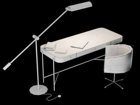 Modern work table with lamp and decor 3D Model