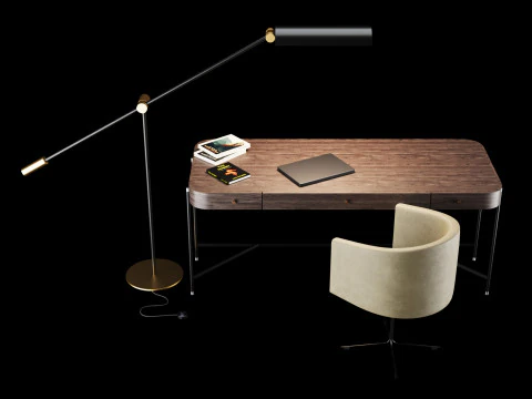 Modern work table with lamp and decor 3D Model