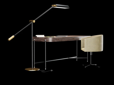 Modern work table with lamp and decor 3D Model