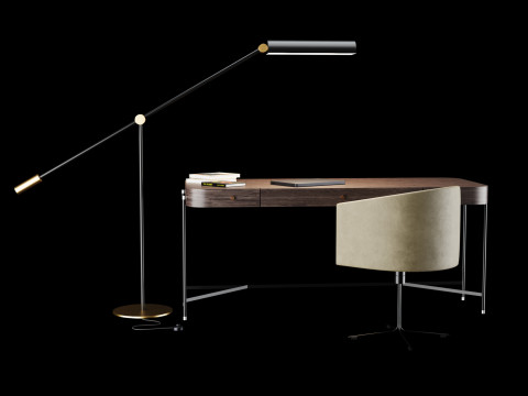 Modern work table with lamp and decor Modello 3D