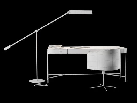 Modern work table with lamp and decor 3D Model