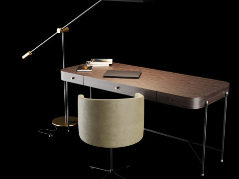 Modern work table with lamp and decor 3D Model
