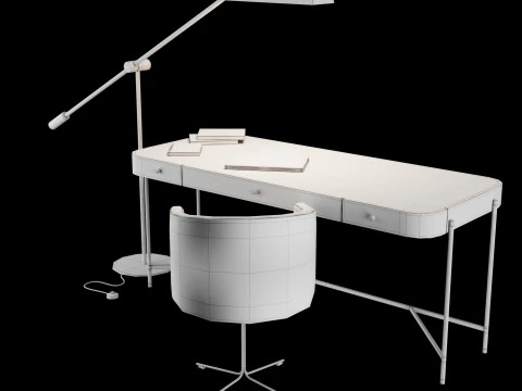 Modern work table with lamp and decor 3D Model