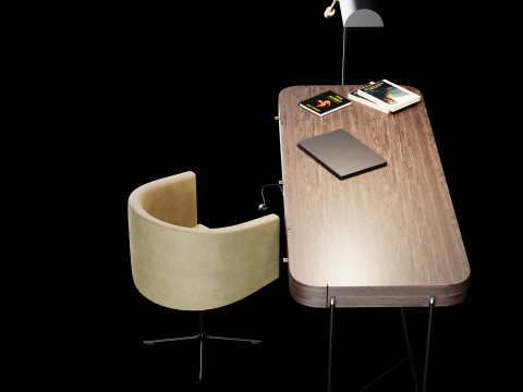 Modern work table with lamp and decor Modello 3D