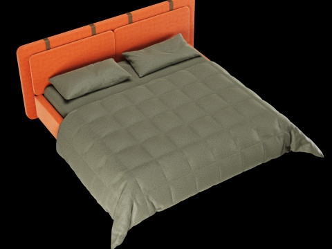 Łóżko z poduszkami i kocem 001 Model 3D