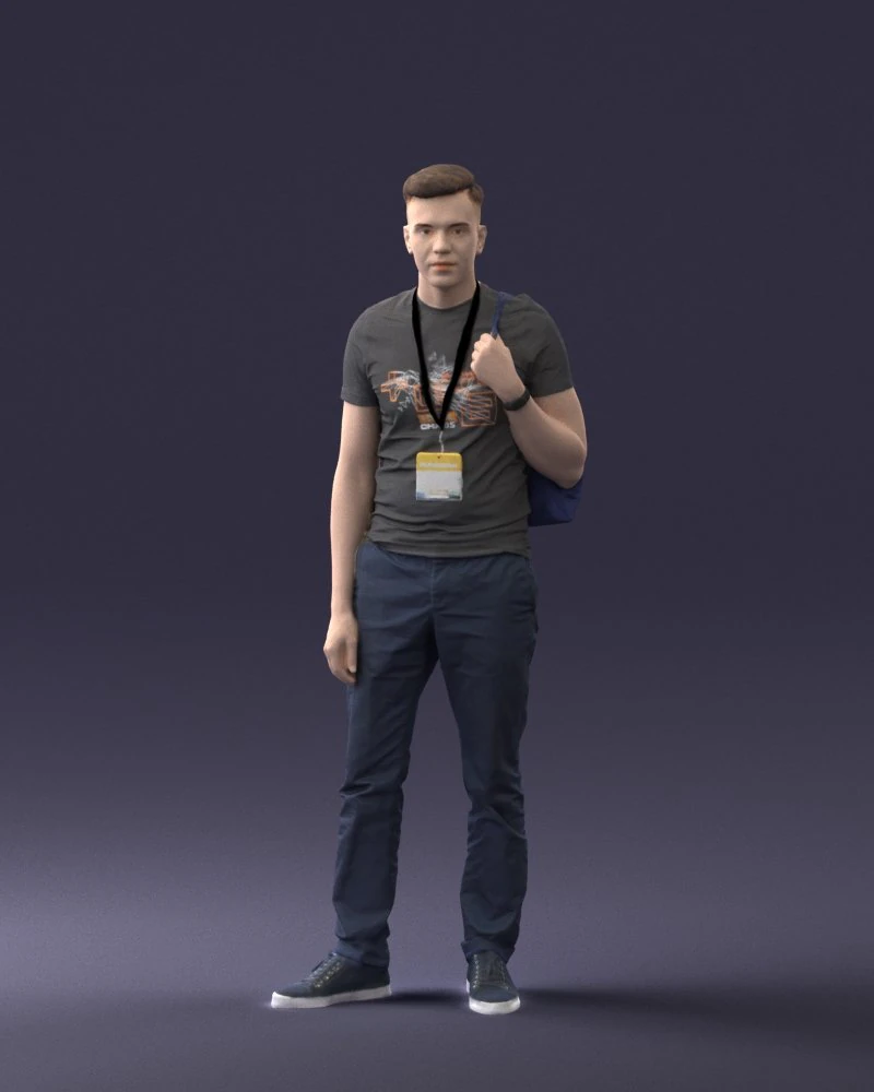 000134 Young Man with Backpack and Event Badge 0608 3D Model .c4d .max .obj .3ds .fbx .stl .blend 