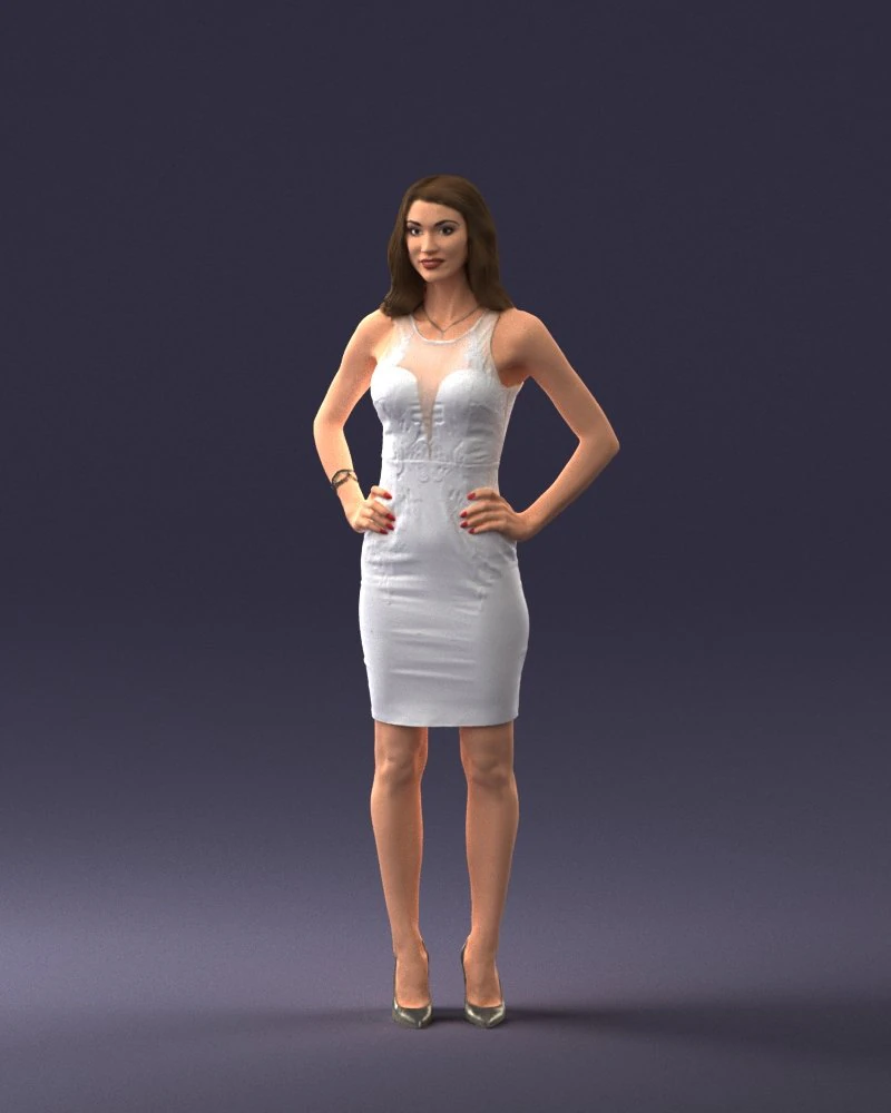 000151 Elegant Woman in White Dress Stylish Standing Pose 0714 3D Model .c4d .max .obj .3ds .fbx .stl .blend 