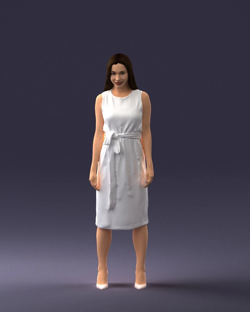 000161 Standing Woman in White Belted Dress 0714 3D Model .c4d .max .obj .3ds .fbx .stl .blend 