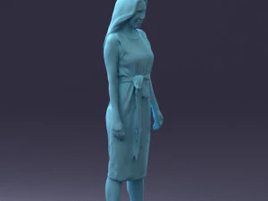 000161 Standing Woman in White Belted Dress 0714 3D Model