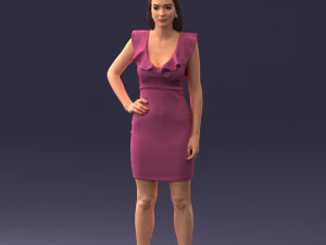 000163 Standing Woman in Pink Dress with Ruffled Neckline 0714 3D Model