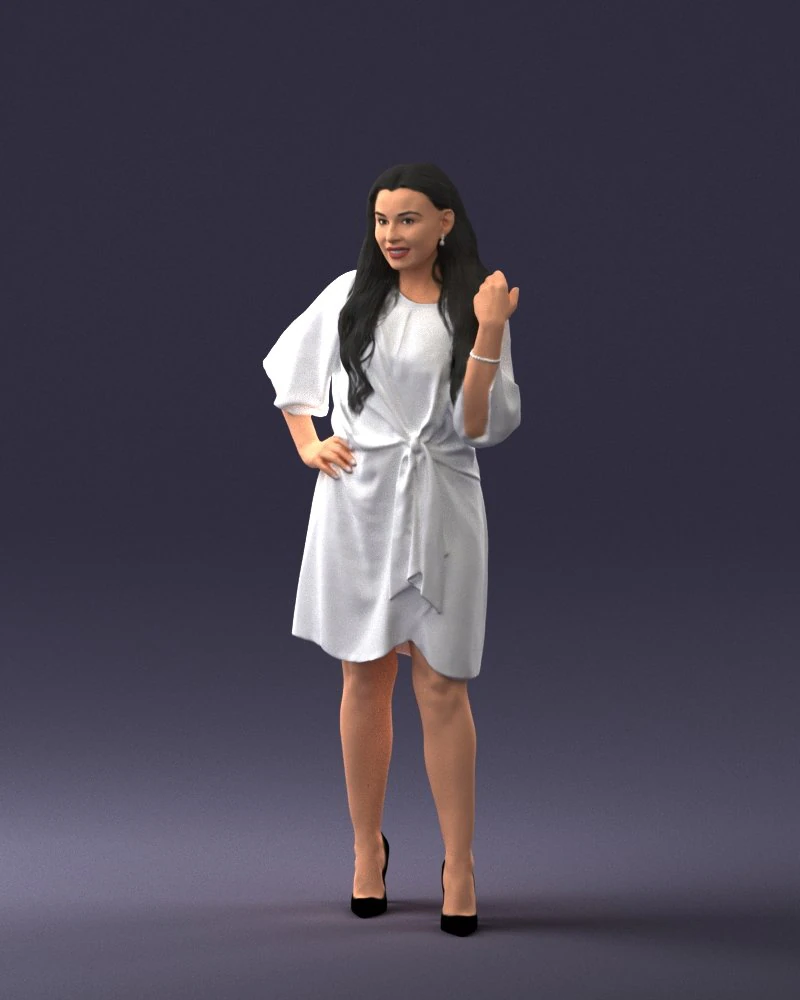 000164 Standing Woman in Stylish White Dress with Waist Tie 0714 3D Model .c4d .max .obj .3ds .fbx .stl .blend 