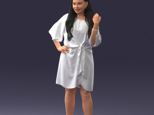 000164 Standing Woman in Stylish White Dress with Waist Tie 0714 3Dモデル