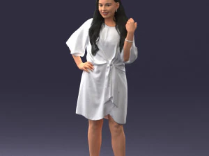000164 Standing Woman in Stylish White Dress with Waist Tie 0714 3D Model
