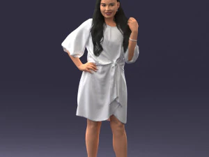 000164 Standing Woman in Stylish White Dress with Waist Tie 0714 3D Model