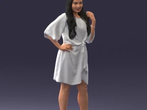 000164 Standing Woman in Stylish White Dress with Waist Tie 0714 3D Model